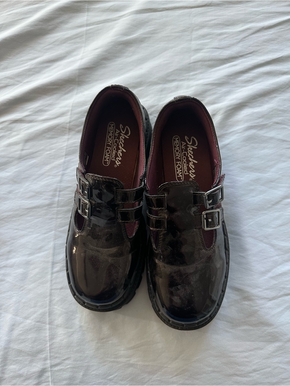 Skechers Patent Leather Double Buckle Mary Jane in Burgundy Black